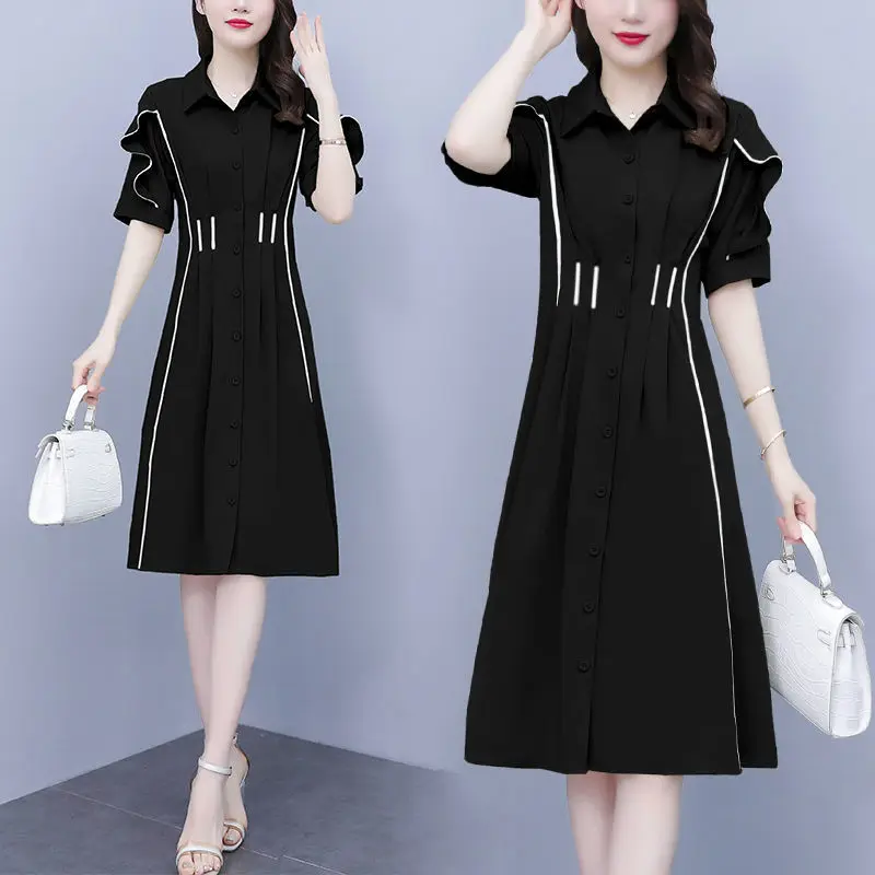 

Stylish Solid Color Ruffles Patchwork Midi Dress Summer A-Line Female Bright Line Decoration Casual Single-breasted Dresses 2023