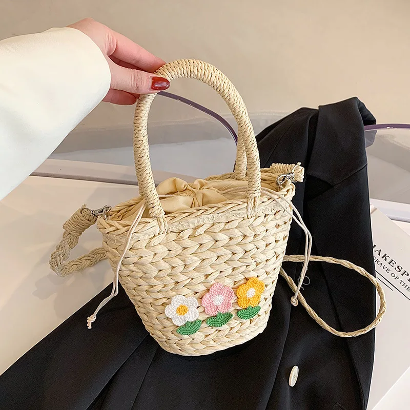 

Новые женские сумки-ведра из соломы, женская дизайнерская сумка, милая сумка через плечо с цветочным узором