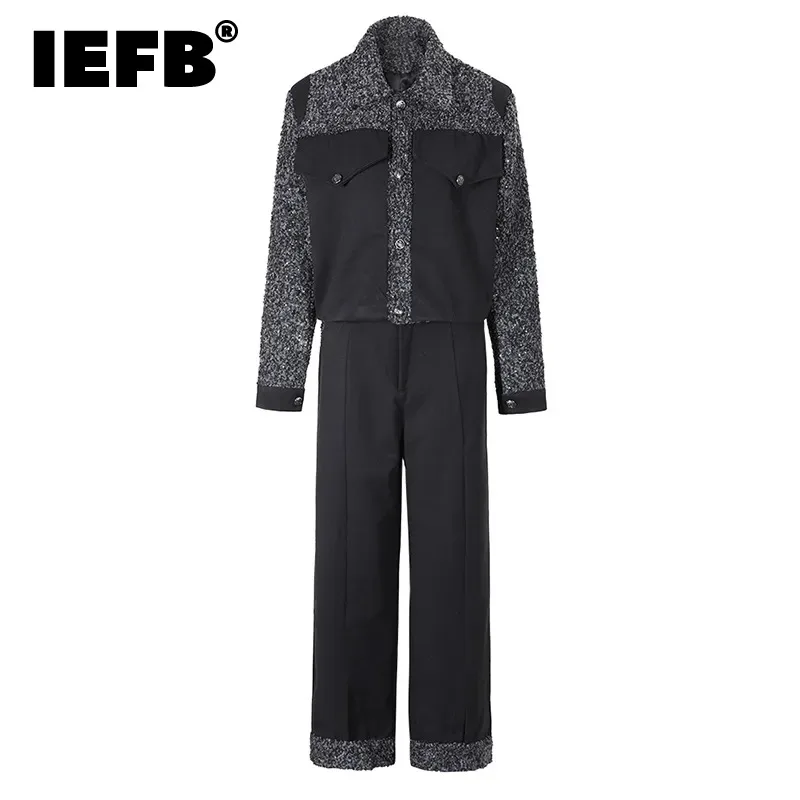 

Мужской комплект из двух предметов IEFB, утепленное шерстяное контрастное короткое пальто, модные прямые брюки с широкими штанинами, корейские осенне-зимние комплекты CPG0542