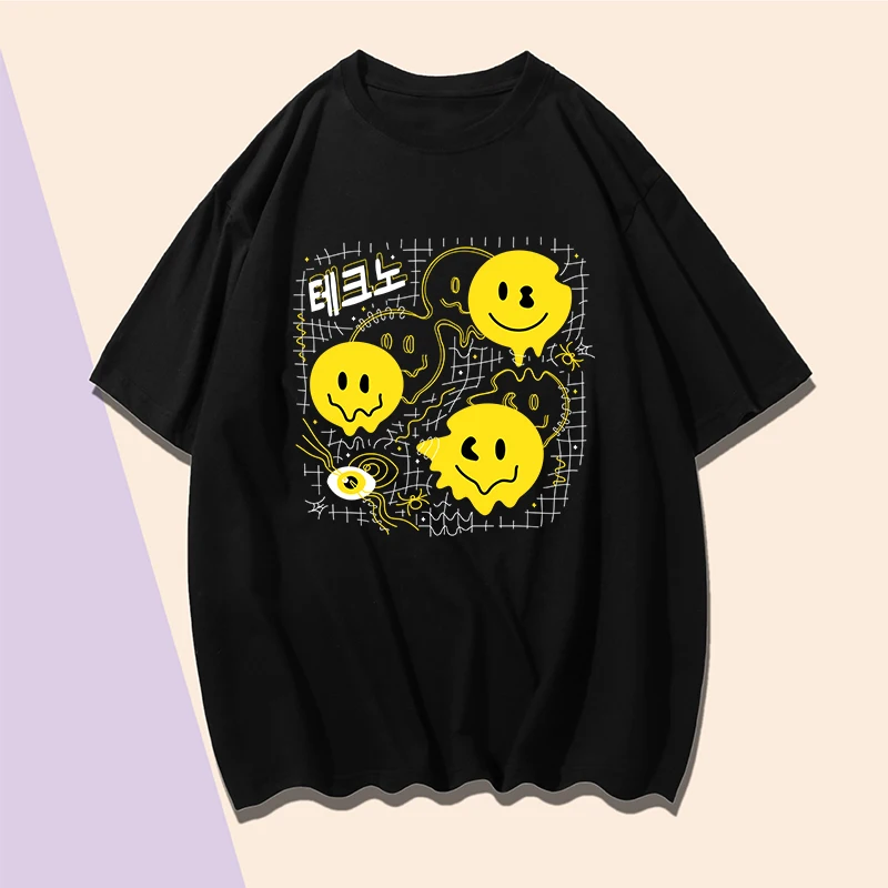 

Abstract Art Korean Smile Printing Tshirt L XL XXL XXXL Black Round Neck Cotton Man Casual T-shirt Large Size Clothing