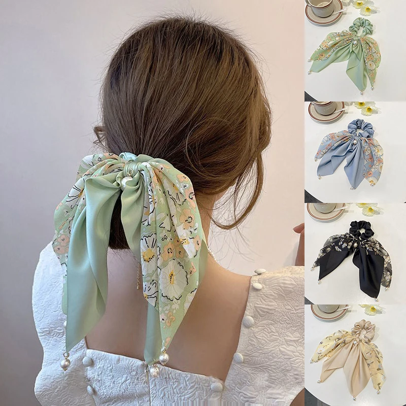 

New Fashion Print Bow Scrunchies Hair Ribbon For Women Elastic Hair Band Girls Ponytail Holder Hair Ties Hair Accessories