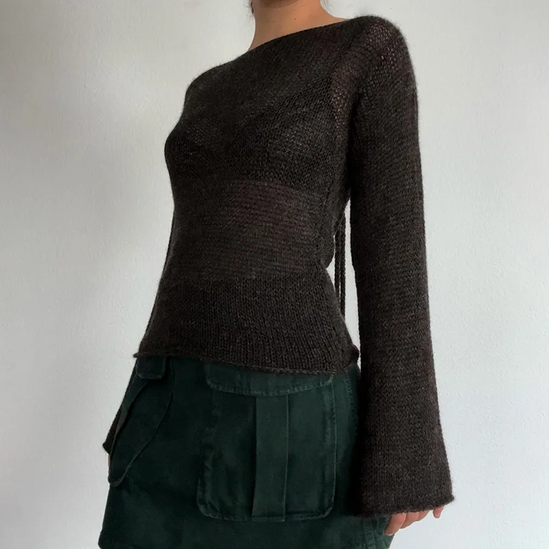 

Autumn Y2k Retro Backless Bandage Sweater Women Knitted Crop Top See Through Flared Sleeve Pullover Fairycore Loose Knitwears