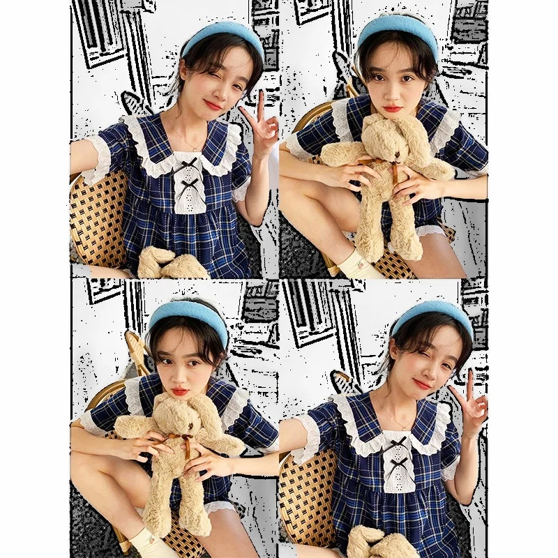 Spring Pajamas Set Short Sleeve Shorts Sexy Plaid Lace Bow Decorate Pyjama Big Size Mom Homewear Cozy Plus Princess Sleepwear