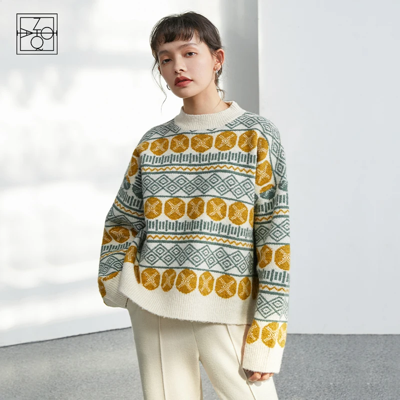 

Свитер ZIQIAO женский в японском стиле ретро, Свободный пуловер с полувысоким воротником, прямой вязаный свитер, Осень-зима