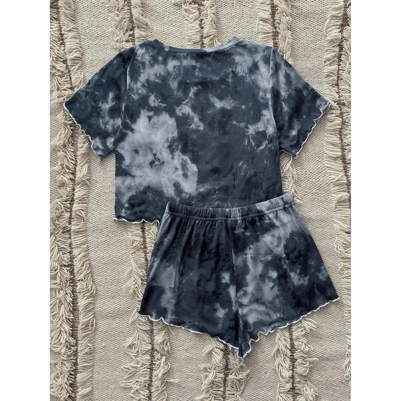 QWEEK Home Suit for Women Set Woman 2 Pieces Spring Summer Pajamas Printed Tie Dyed Home Clothes Pijamas Pyjama Stringy Selvedge