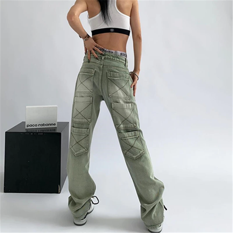 

Джинсы женские с широкими штанинами, винтажные брюки с несколькими карманами, вареные повседневные мешковатые брюки из денима с высокой талией, в уличном стиле, зеленые, на лето