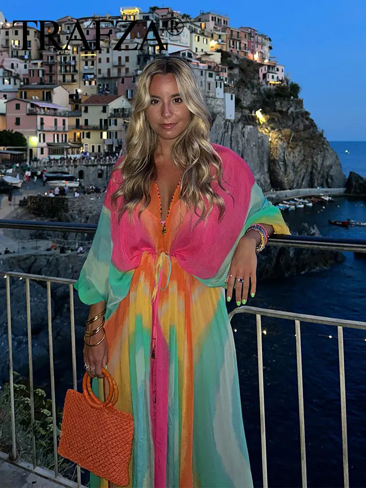 

TRAF ZA 2023 Women Tie Dye Long Dress V Neck Beading Long Sleeve Dresses Casual Woman Elegant Colorful Dress Mujer Vestidos