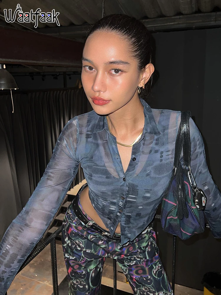 

Waatfaak Y2K гранж рубашка с длинным рукавом Уличная одежда на пуговицах синяя укороченная футболка сетчатая Просвечивающая ткань Харадзюку