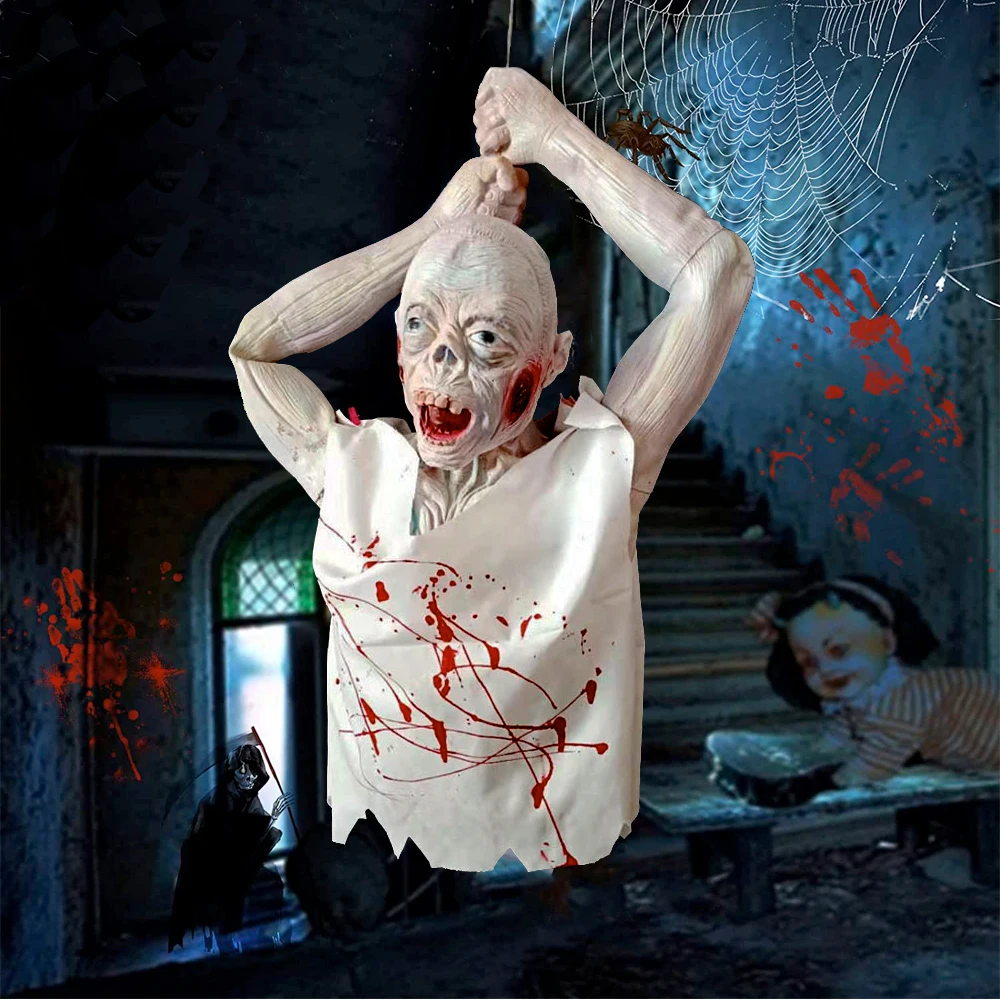 

Halloween Hanging Half Body Corpse Decoration Horror Bloody Zombie Ghost Latex Realistic Props for Haunted House Party Decor