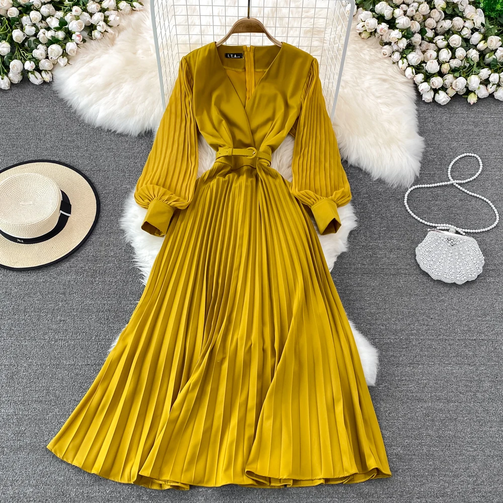 

FTLZZ Spring Autumn New Women Elegant High Waist Pleated Dress Female Waist Closing Long Sleeve V-Neck A-Line Dresses With Belt