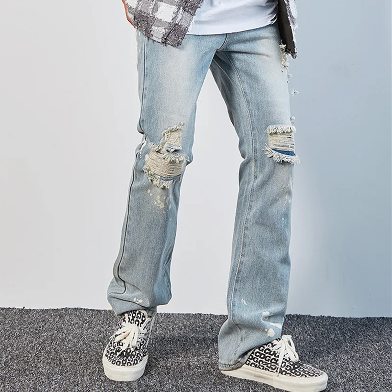 Men Clothing New Style Baggy Straight Cylinder Splash Ink Ripped Jeans Vintage Trend Simplicity Casual Pants Autumn and Winter