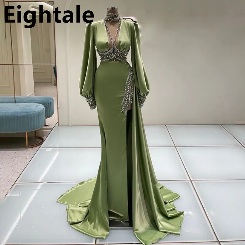 

Illusion High Neck Mermaid Arabic Evening Dress For Wedding Long Luxury 2022 Sparkle Beaded Formal Prom Dress Dubai Party Gown