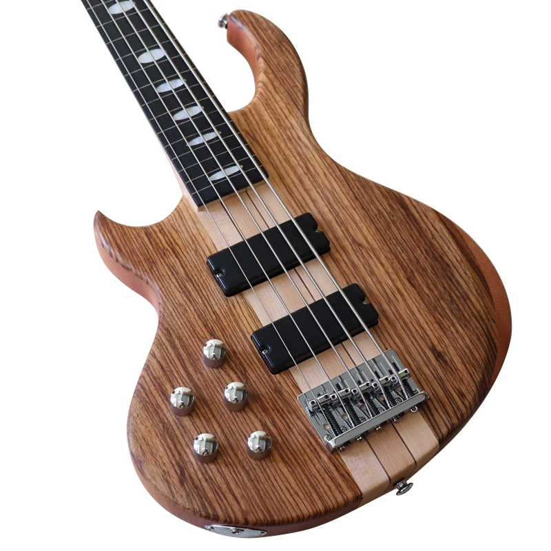 

Active Left Hand Electric Bass Guitar Zebrawood Top 43 Inch Matte Finish Solid Okoume Wood 5 String Fretless