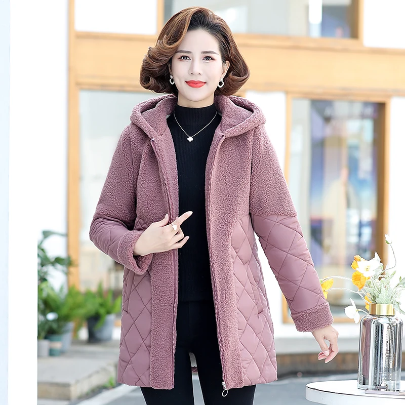Hooded Parkas Women's Fleece Winter Jacket Warm Thicken Cotton Coat Loose Female Lambs wool Long Snow Parka Splicing Overcoat