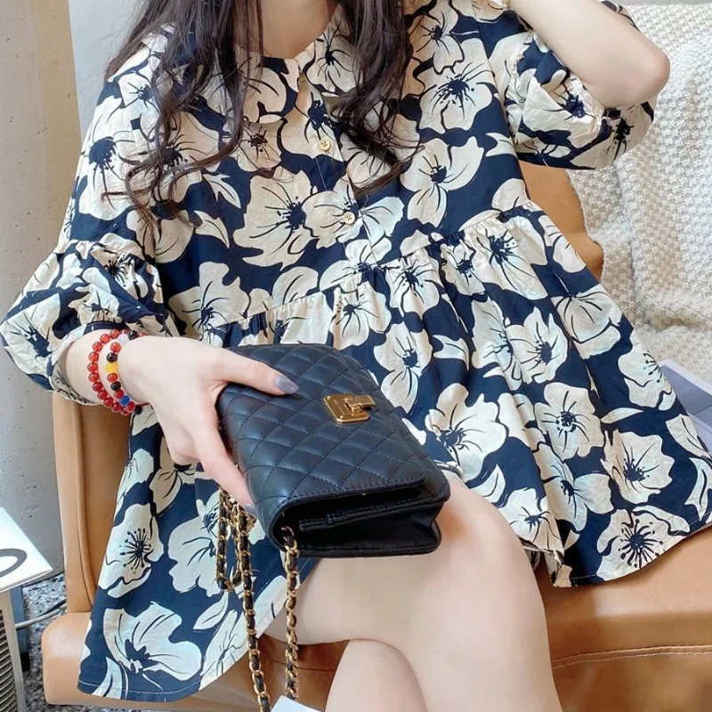 

Blouse shirt top 2023 summer Korean loose casual sweet lantern sleeve flower fluffy high-end doll collar shirt blouse female