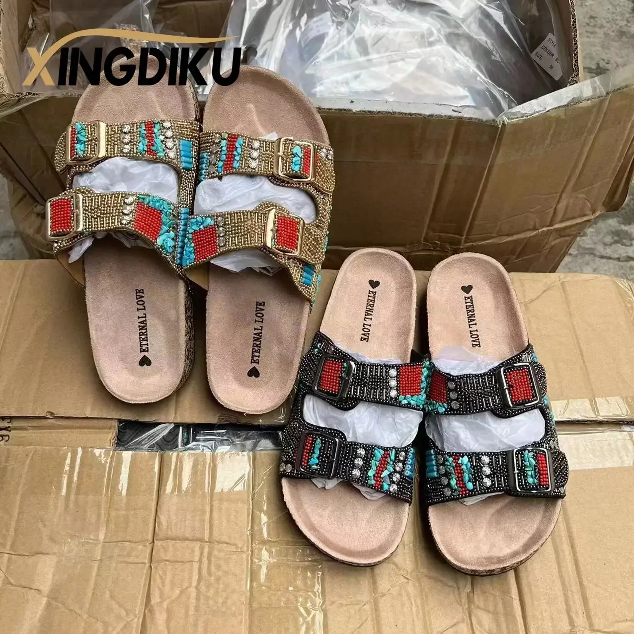 Женские туфли в стиле ретро с бусинами и блестками арабском римском пробковые