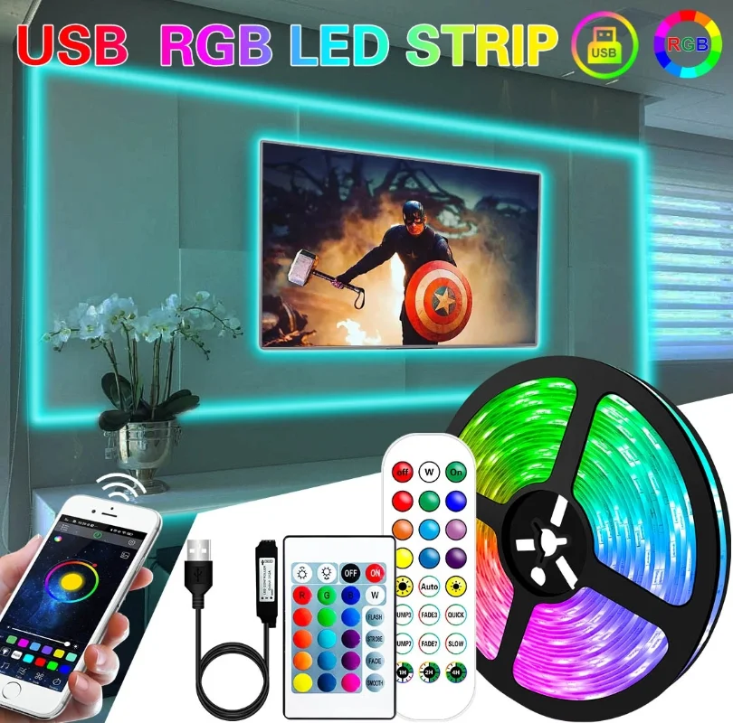 

Светодиодная лента для комнаты, умная Светодиодная лента, Bluetooth, гибкие RGB ленты, 5 В, 5050SMD лента, потолочный кухонный декор, 1-20 м