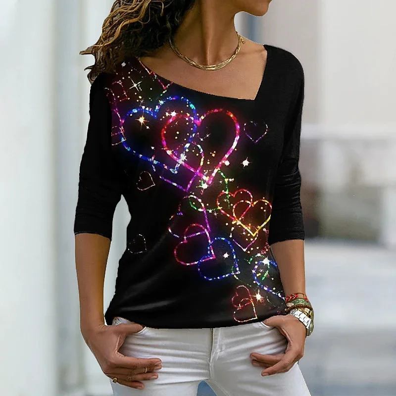 

Women's heart Theme 3D Printed Painting T Shirt Casua Floral 3D Print V Neck Basic Tee Streetwear