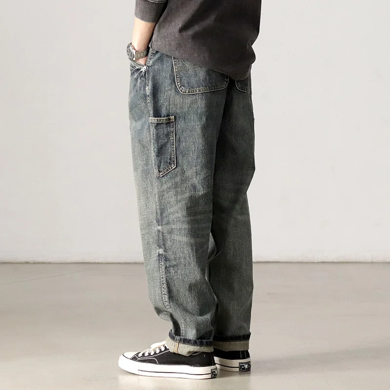 Men's jeans straight tube loose Japanese retro spring and autumn leisure wash do old sand wash retro broad-legged overalls
