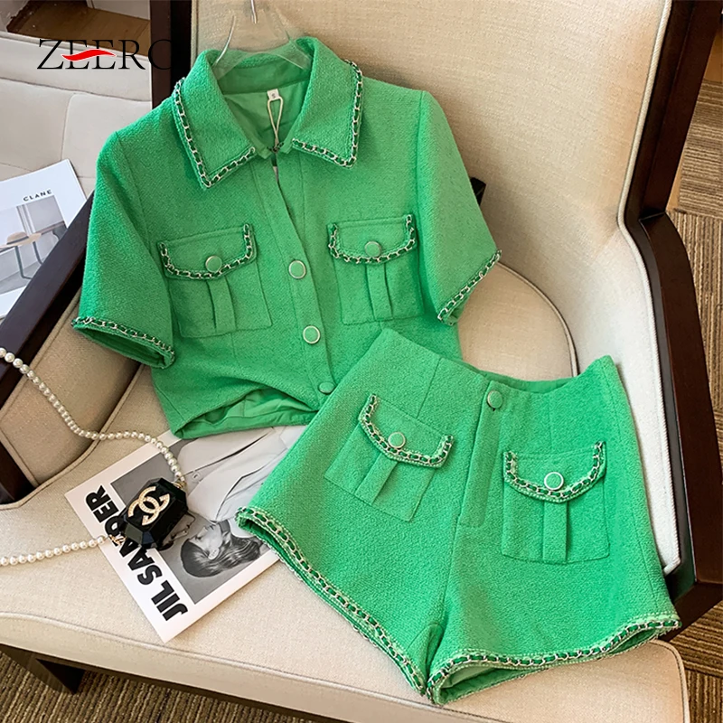 

Summer Vintage Fragrance Style Green Shorts Set Women Short Sleeve Jacket Top + High Waist Wide Leg Shorts Suits Two Piece Sets
