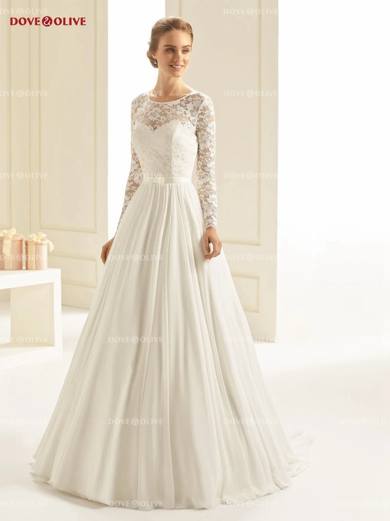 

Muslim Stretch Lace Wedding Dress with Long Sleeves Chiffon Skirt A line Bride Gown A Line Scoop Neck with Belt Bridal Women