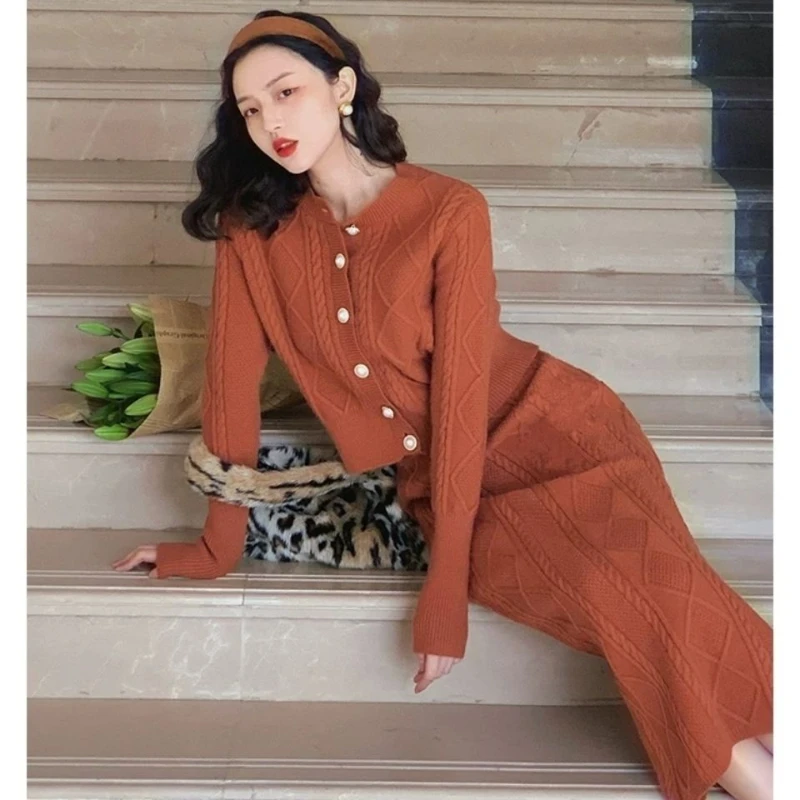 

Woman Solid Knit Two Piece Set Female Long Sleeve Top Cardigans and Midi-length Skirts Spring Ladies Two Piece Suits Outfit G228