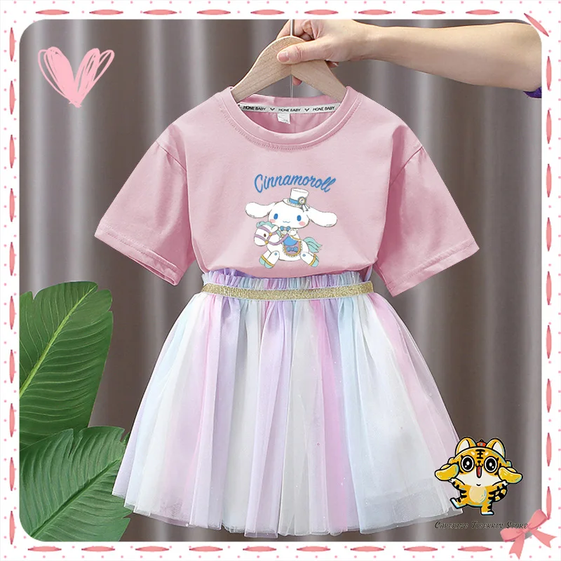 Sanrio T-shirts Dresses Sets Kuromi Cinnamoroll Kawaii Cartoon Fashion Baby Girls Clothing Princess Dress  Summer Women Skirt