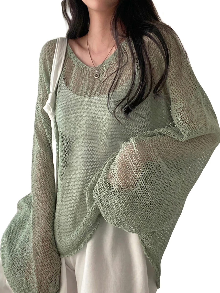 

Women Oversized Knit Cover-Up Hollow Out Crochet Sweater Long Sleeve Loose See-Through Pullover Jumper Top
