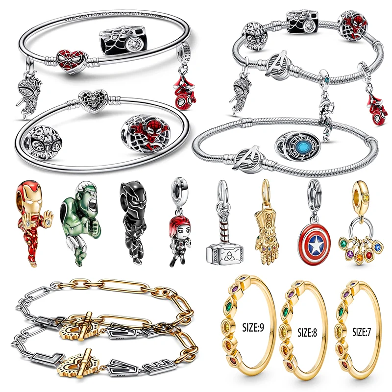 

Disney 925 Sterling Silver Charm Marvel Fits Original Pandora Spider Man Bracelet Movie Anime Character Spider Man Charm Beads