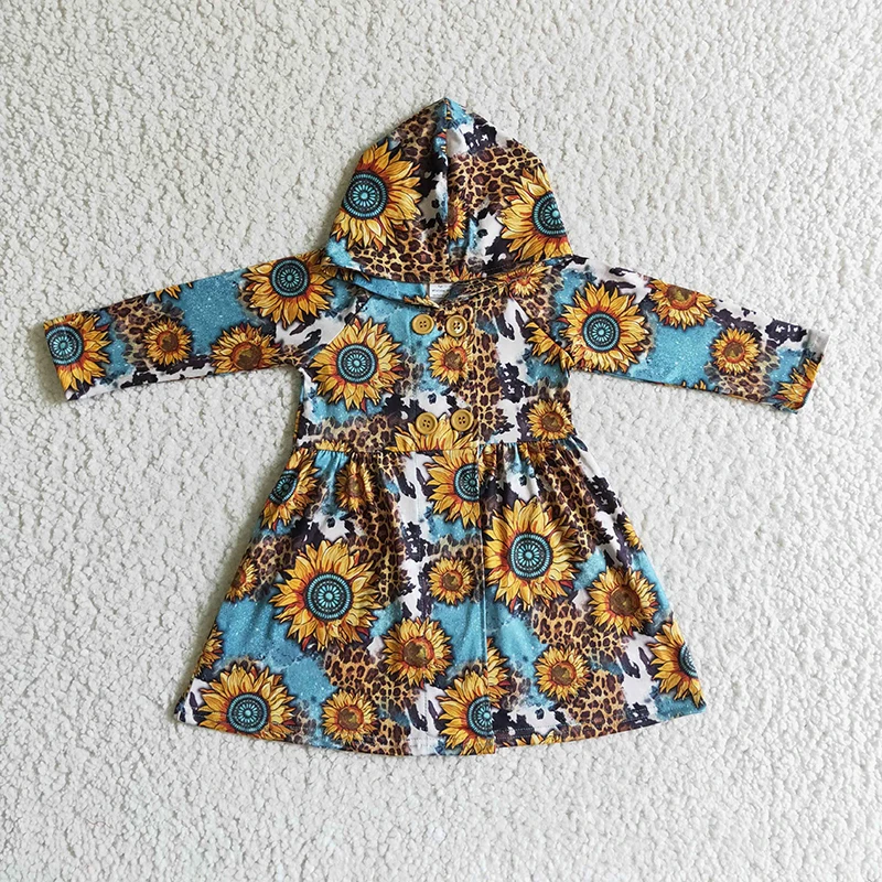 Wholesale Baby Girl Coat Cow Print Leopard Sunflower Twirl Dress Long Sleeve Button Kid Hoodie Children Infant Toddler Clothes