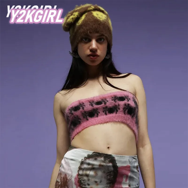 

Сексуальный укороченный топ Y2KGIRL с рисунком паука, Женский трикотажный Топ без бретелек с открытой спиной для вечеринки, клуба, милая летняя...