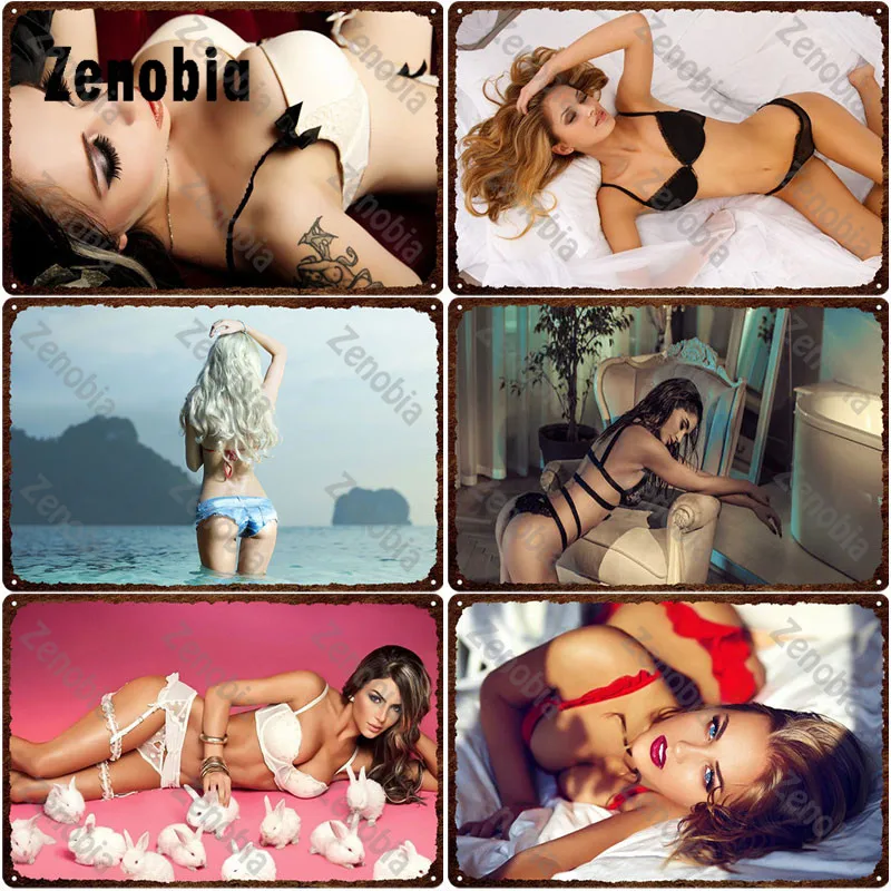 

Sexy Metal Poster Sexy Woman Lying In Bed Girl In Underwear Metal Sign Tin Sign Retro Plaque Decorative Tin Painting Home Decor