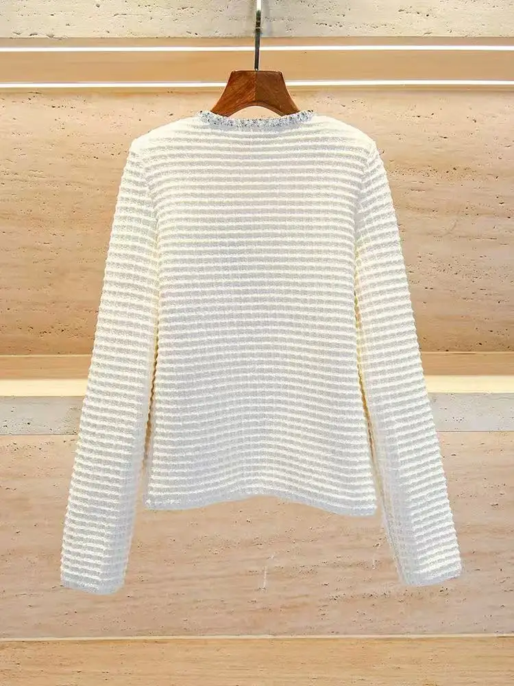 Ранняя весна 2025 г. женский вязаный кардиган цвета слоновой кости с вафельным