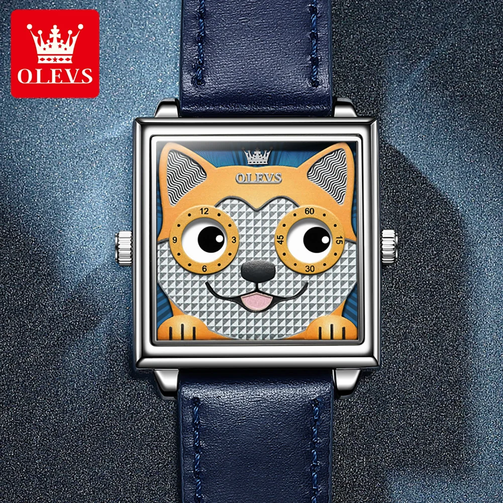 OLEVS New Square Trendy Grate Quality Corium Strap Watch for Women Quartz 30M Waterproof Fashion Wristwatch Cartoon Dog Watches