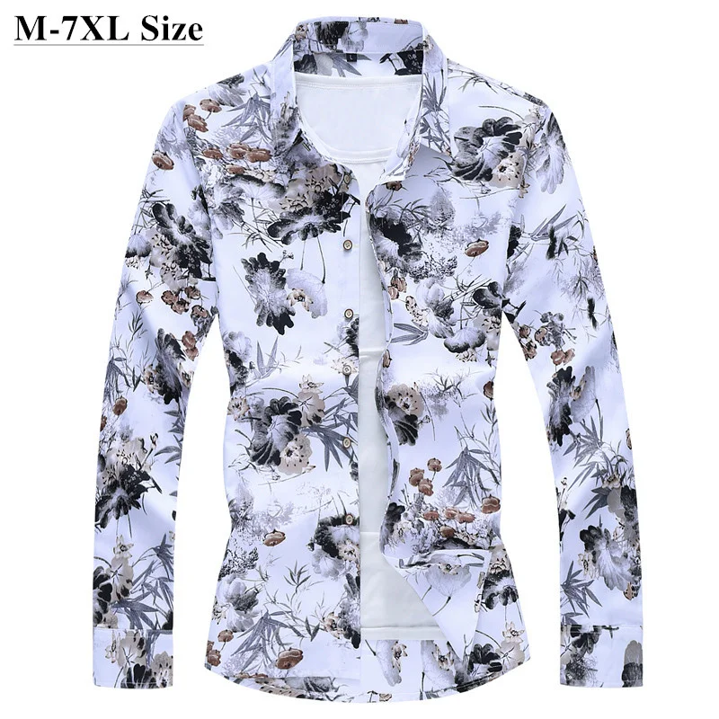 

Plus Size 5XL 6XL 7XL Men's Casual Flower Shirt 2022 Autumn New Hawaiian Long Sleeve Shirts Male Brand Clothes
