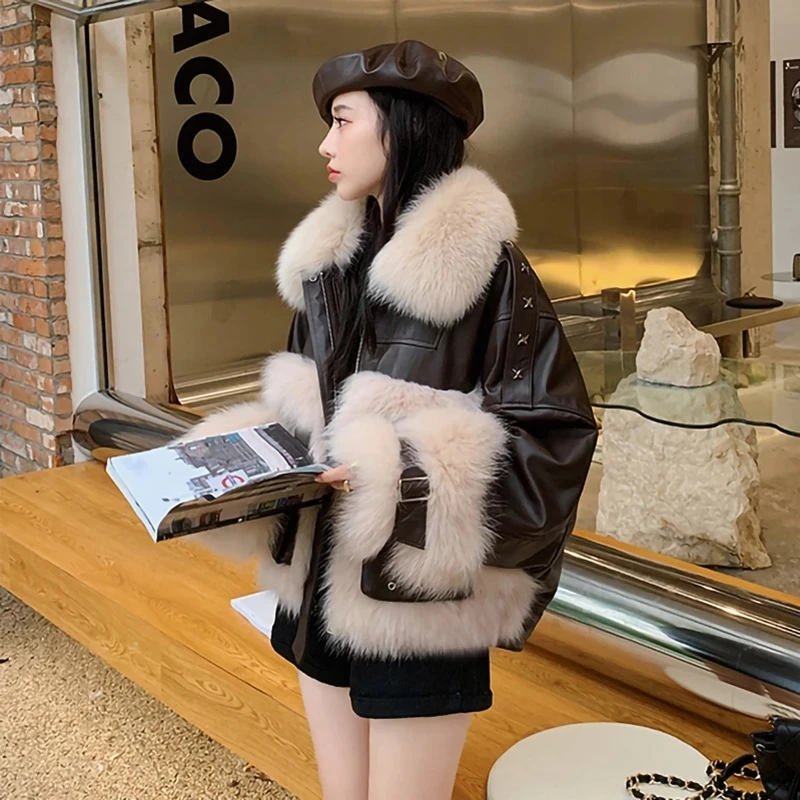 Women Leather Jackets Real Fox Fur Parka Coats Luxury Natural Fur Collar Sheepskin Overcoats 2022 Winter Warm Streetwear XM3644