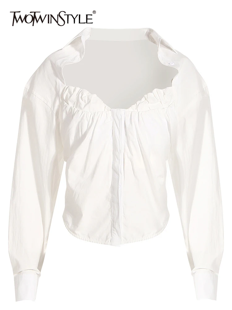 

TWOTWINSTYLE Patchwork Folds Shirts For Women Square Collar Long Sleeve Solid Casual Loose Blouse Female Fashion Clothing 2023