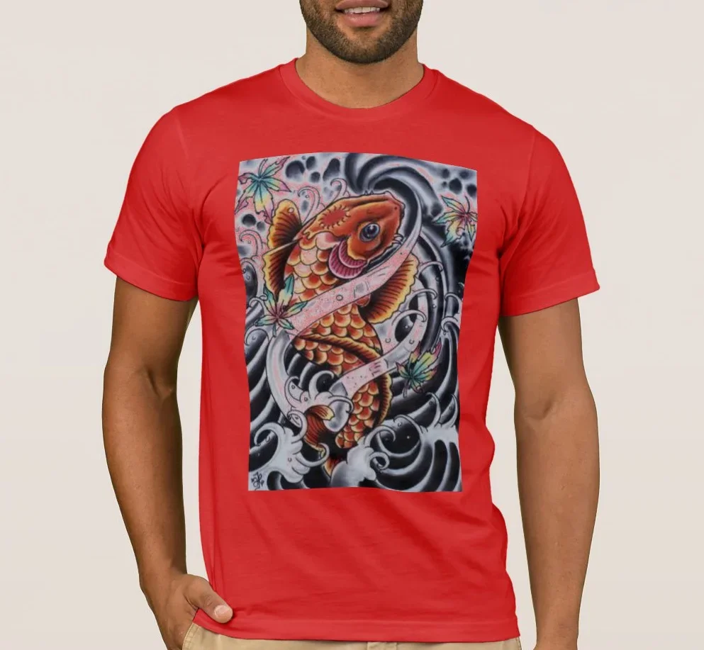 Colored KOI Tattoo Look Printed Premium T-Shirt. Summer Cotton Short Sleeve O-Neck Mens T Shirt New S-3XL