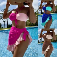 3 piece sexy bandeau bikini with ruffle skirt sexy drawstring swimsuit cover up 2022 halter swimwear women high cut bathing suit
