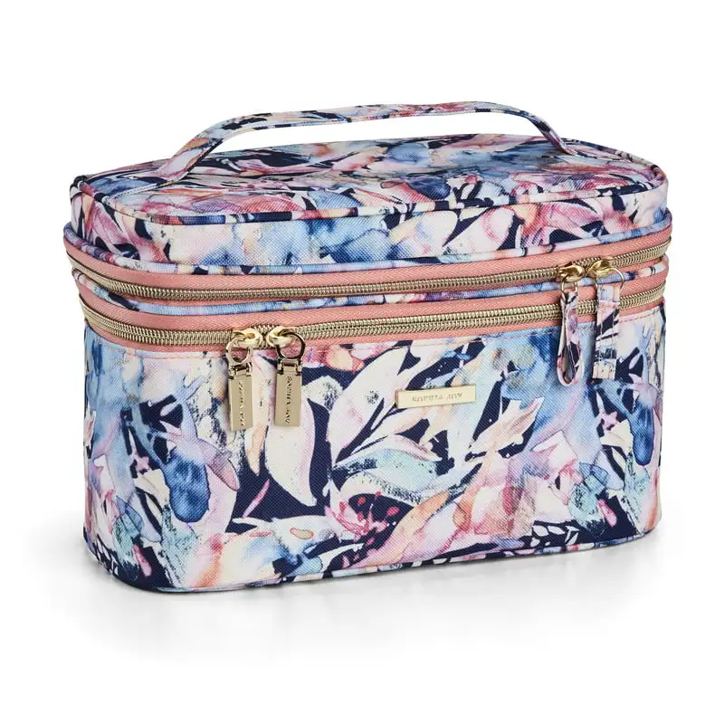 

Beautiful Breezy Zip Pattern Fashion Cosmetic Accessory Train Case with Separate Brush Compartment & Handle in Blue & Pink