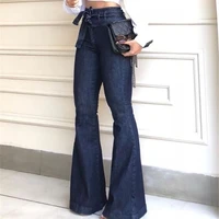 womens fashion little stretch full length flare pants denim female blue autumn high waist lace up boot cut jeans cords trousers