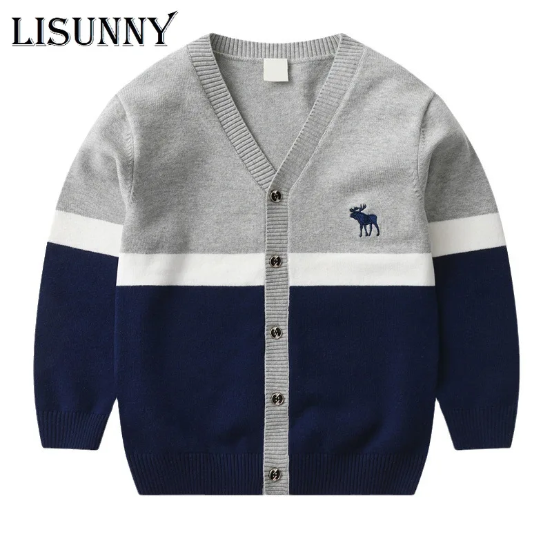 

2023 Boys Cardigan Sweater Spring Autumn Children Knitted Jacket V-Neck Baby Clothes Patchwork Jumper Kids Sweaters Coat 2-8y