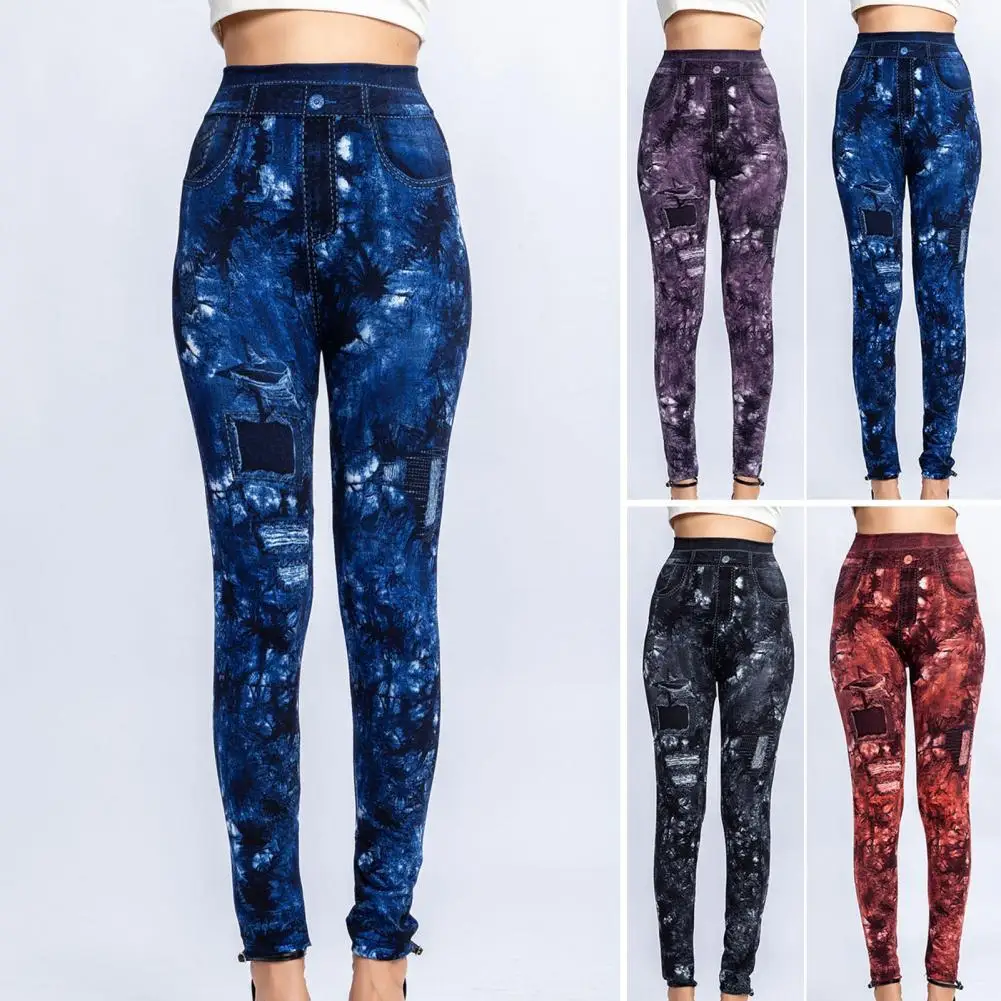 

Pencil Pants Leaf Print Faux Denim Summer Sweat-wicking Good Stretch Cropped Pants Streetwear