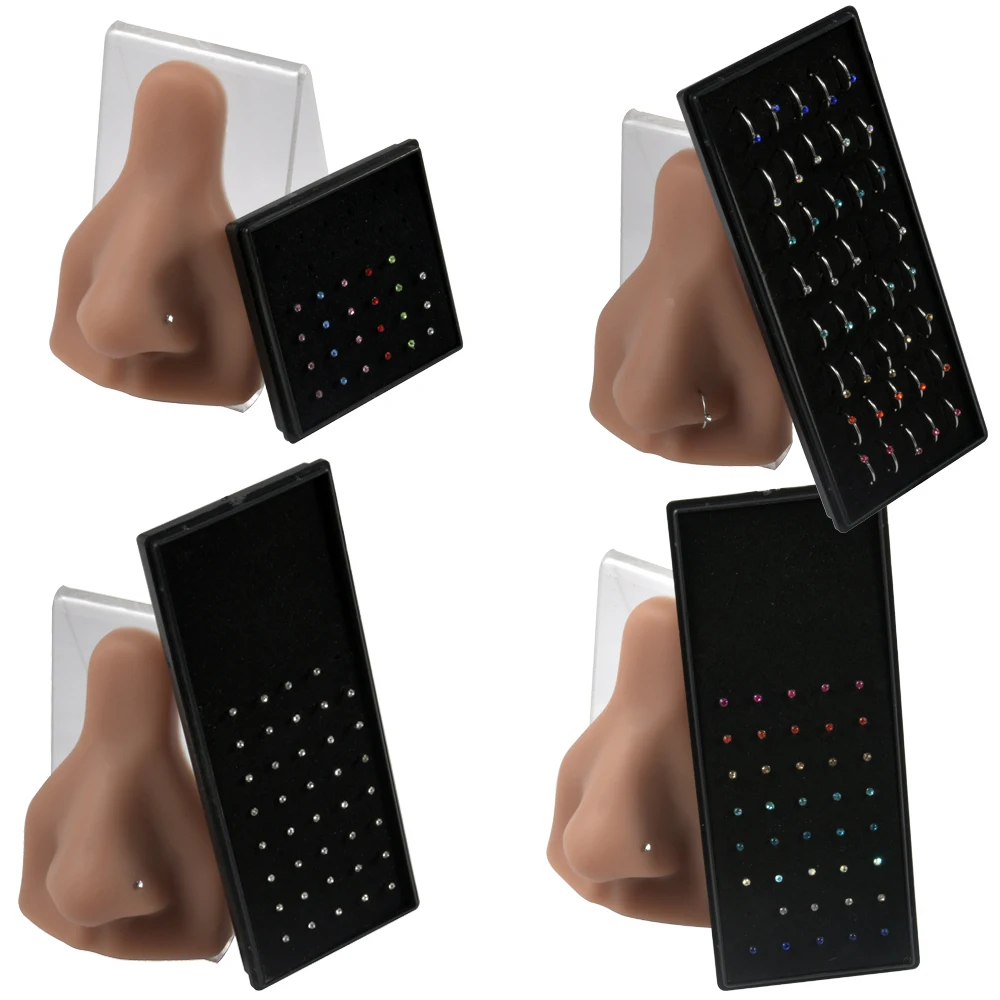 

40\24PC Stainless Steel Fashion Crystal C Shape Nose Ring Straight Rod Nose Stud Nose Hoop Piercing Jewelry