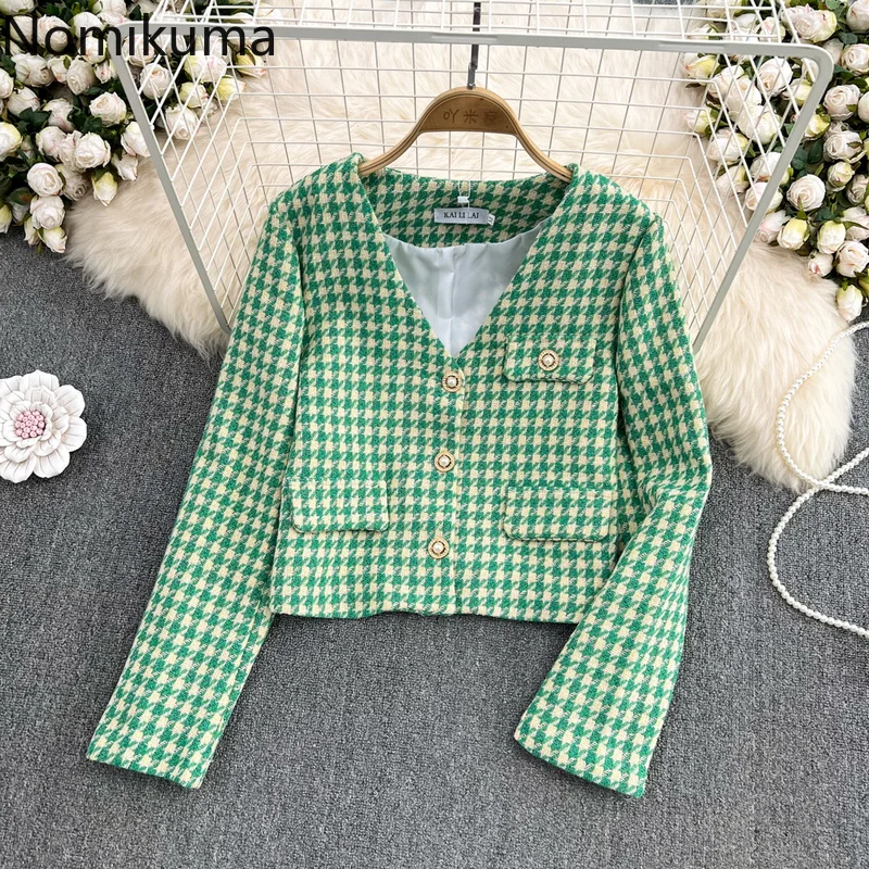 

Nomikuma Chaqueta Mujer Spring Autumn French Style Heavy Beading Plaid Loose Jacket Women Vintage Temperament Jaqueta Feminina