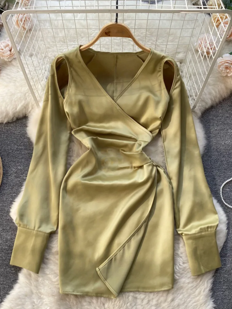 

Foamlina Sexy Holes Long Sleeve Women Dress New Spring Fashion V-neck High Waist Single Breasted Cross Split Mini Satin Dress