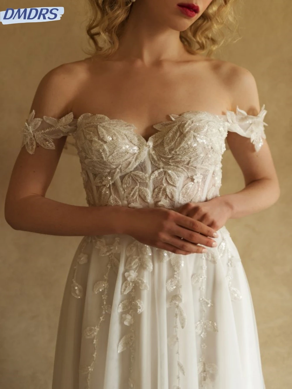 

Elegant Off The Shoulder Bride Robe Sparkly Beads Sequins Bridal Gown Classic Appliques A-line Long Wedding Dress Robe De Mariée