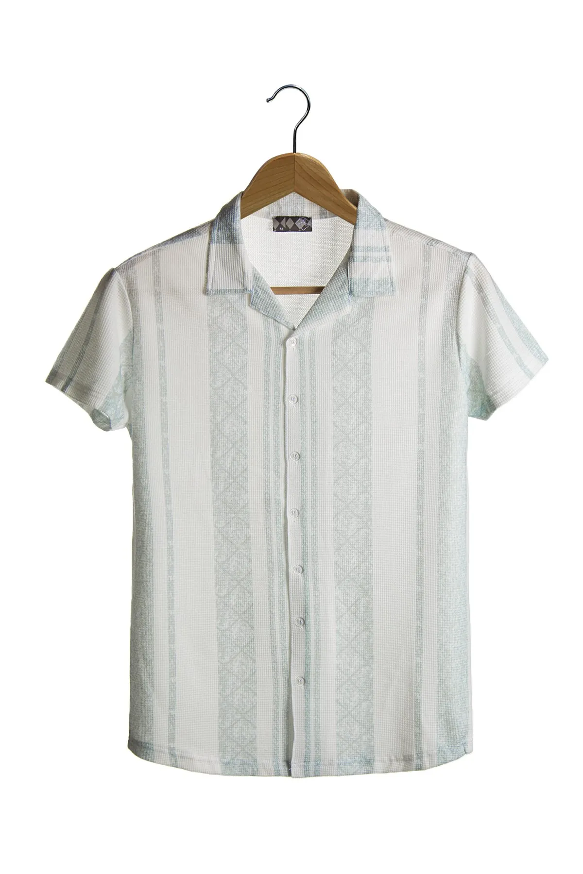 

Мужская хлопковая рубашка с коротким рукавом, светло-зеленая рубашка с этническим узором и воротником apдиагональю 21Y-4300594-07