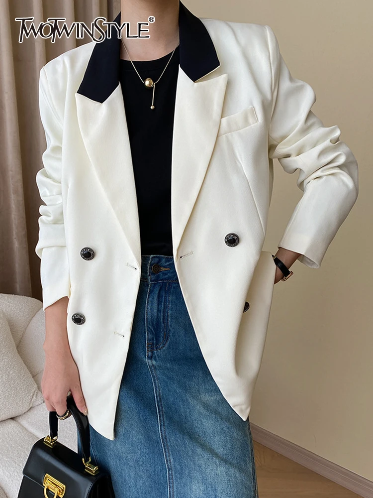 

TWOTWINSTYLE Hit Color Spliced Double Breasted Blazers For Women Notched Collar Long Sleeve Patchwork Pockets Blazer Female 2023