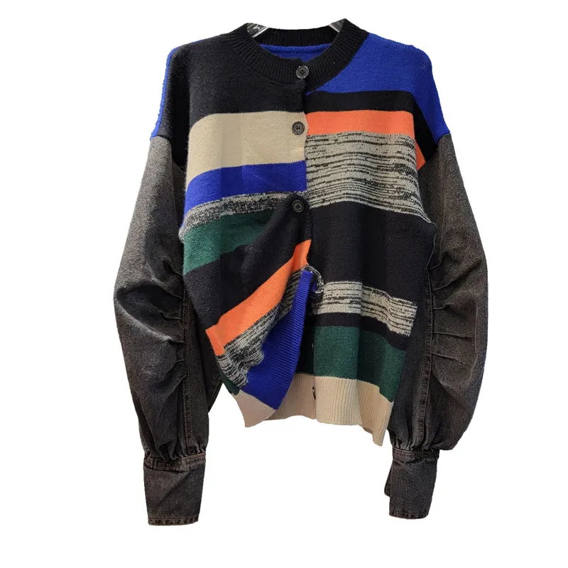 

SuperAen Denim Stitched Knitted Coat Women's Color Matched Korean Style Cardigan Top Autumn Winter Clothes 2022 New Cardigan